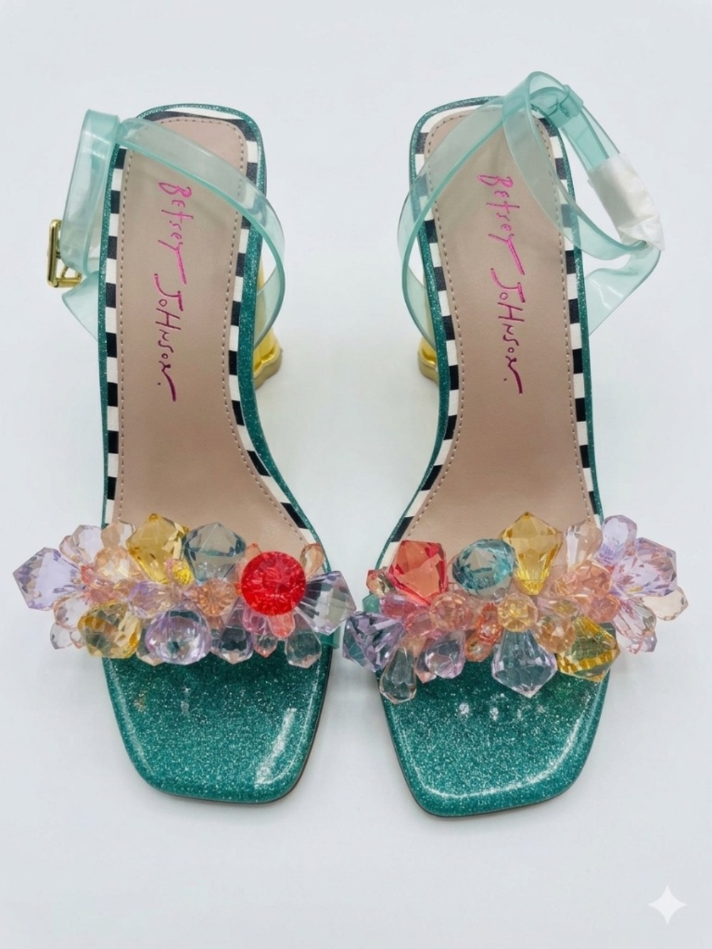 Betsey Johnson Teal “Brodie” clear Ankle-Strap Heels with Crystals, size 6.5